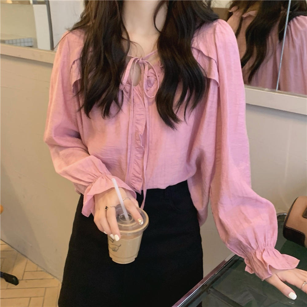 Áo Kiểu Tay Dài Cổ Chữ V Phối Ren Xếp Ly Thời Trang 50147