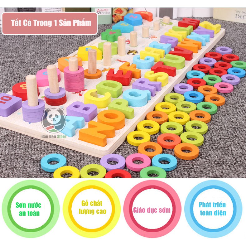 [ Quà Tặng Tranh Ghép 3D] Bộ Giáo Cụ Montessori 4in1 Giúp Bé Học Chữ Cái, Hình Khối, Số