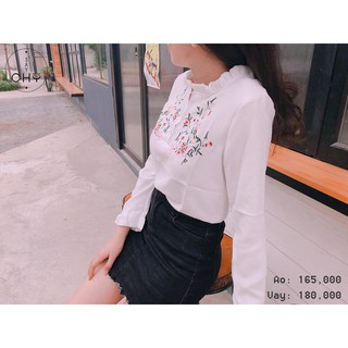 Áo kiểu trắng tay dài thêu hoa