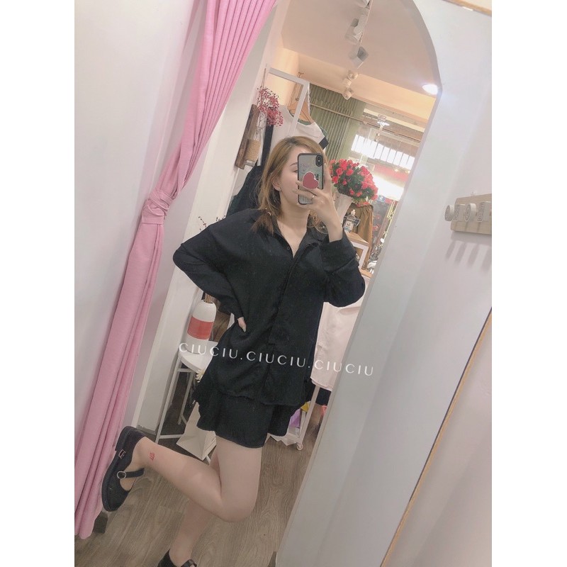 [ CASIET SET ] Set Áo Sơ Mi Nữ Dài Tay Kèm Quần Short Chất Tằm Hàn Đẹp 2 Màu Trắng Đen ( Hàng Sẵn)