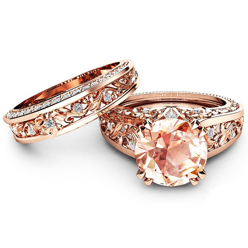 Set nhẫn mạ vàng hồng 18K đính kim cương giả thời trang cho nữ