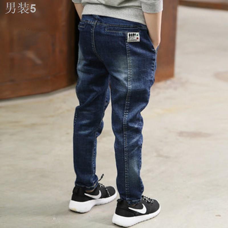 ◕☌┋Quần jean trẻ em nam lớn, nam, em, áo 5-12 tuổi đơn denim lưng thun