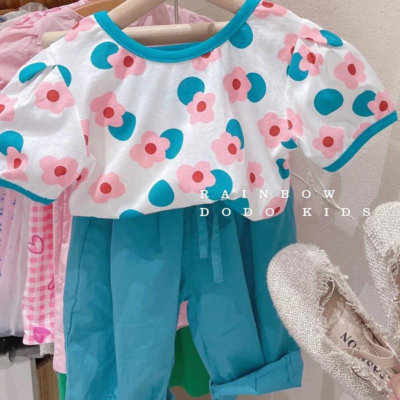 Bộ Áo Thun Cổ Tròn Tay Ngắn Dáng Rộng In Hình Hoa + Quần Short Màu Trơn Phong Cách Hàn Quốc Thời Trang Mùa Hè Hàng Mới Dành Cho Bé Gái 2023