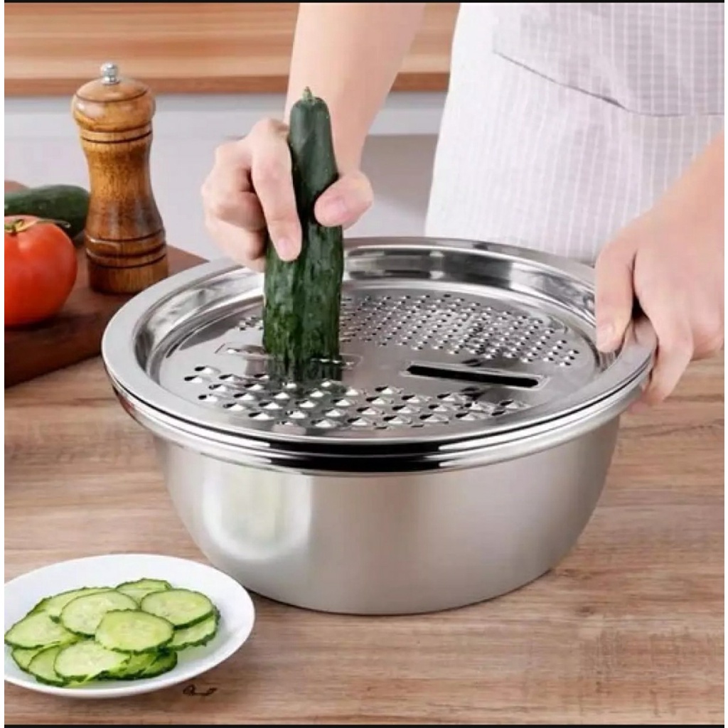 [FREESHIP] Bộ Nạo Rau Củ Đa Năng Kiêm Rổ Và Chậu Inox Cao Cấp 3 Món Dày Dặn Chất Liệu Thép Không Gỉ