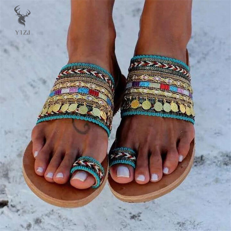 COD&amp; Women Shoes Fashion Summer Handmade Open-toed Flat-bottom Large Size Slippers Boho Style