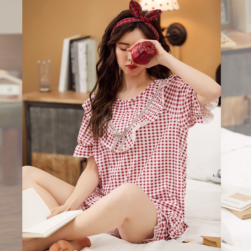 Bộ pijama mặc nhà thô bèo Quảng Châu cao cấp kẻ caro phối ren