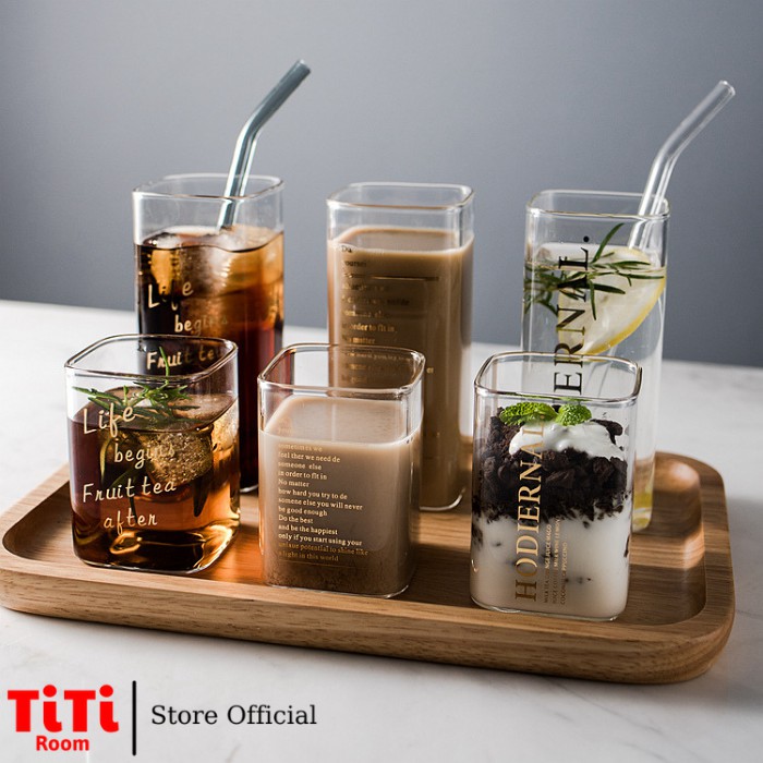 Ly thủy tinh vuông chịu nhiệt MILK TEA 400ml Cốc thủy tinh uống sinh tố sang chảnh cao cấp phong cách Vintage dễ thương