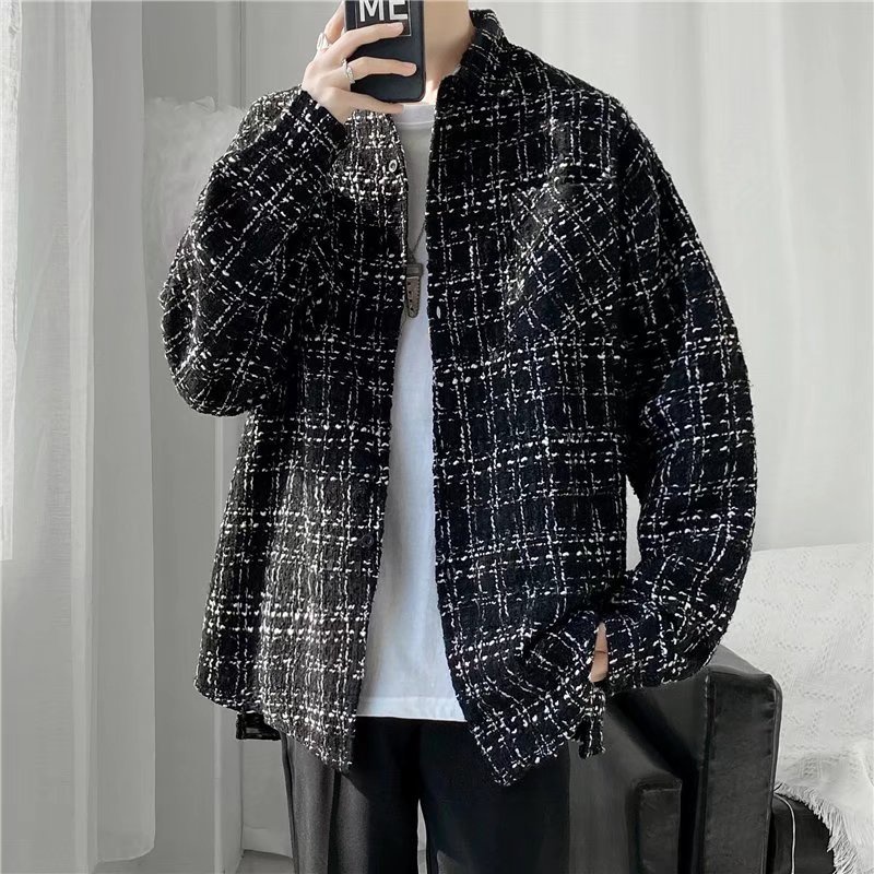 Áo Khoác Sơ Mi Len Mỏng Sọc Ca Rô Phong Cách harajuku Đường Phố Cá Tính Dành Cho Nam