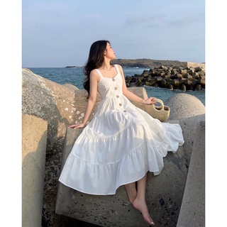 [ Sẵn] Váy maxi đi biển bèo tầng khuy gỗ siêu hot ( ảnh thật)