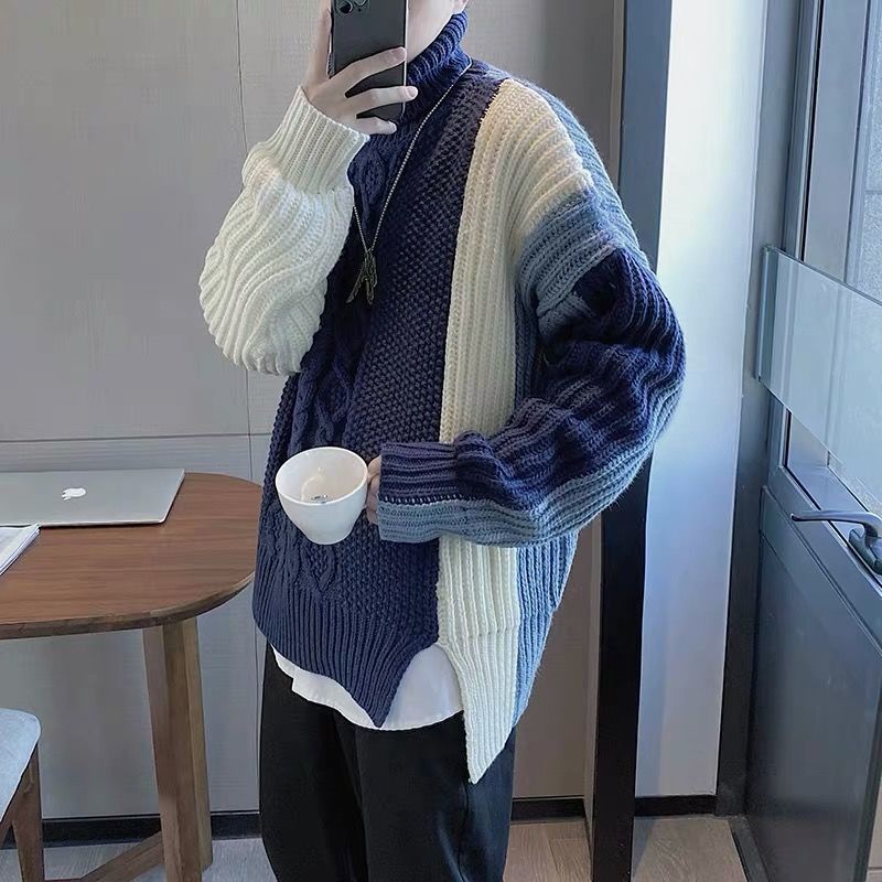 Áo Sweater Dệt Kim Tay Dài Cổ Cao Màu Sắc Tương Phản Phong Cách Hàn Quốc Thời Trang Cho Nam