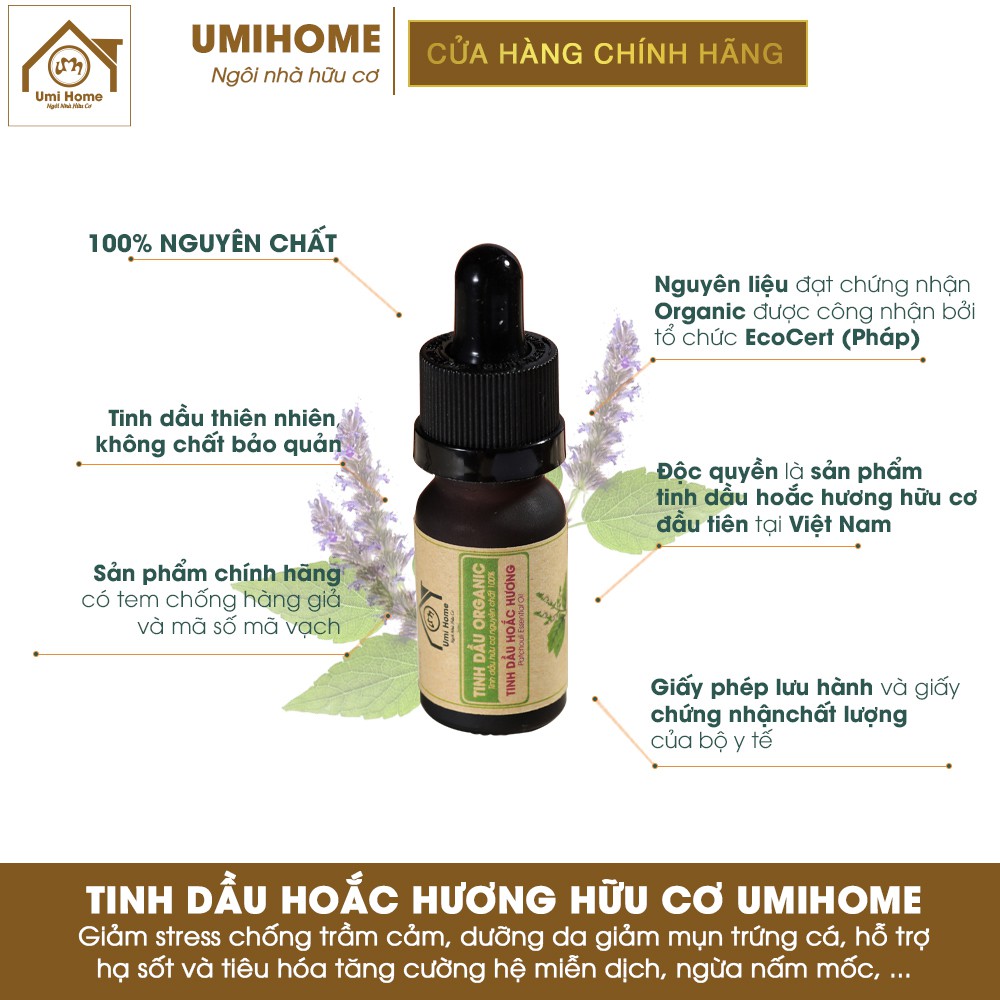 Tinh dầu thơm phòng Hoắc Hương hữu cơ UMIHOME nguyên chất - Dùng khử mùi, vi khuẩn và nấm mốc, giúp thư giãn, sảng khoái