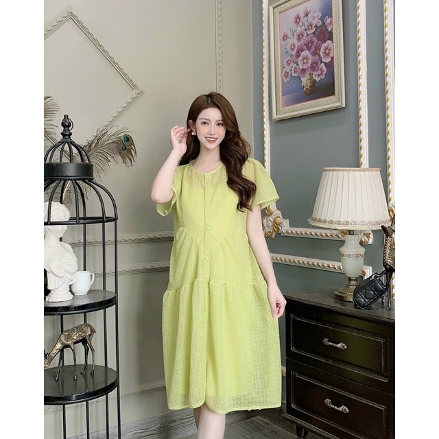 Đầm bầu dáng babydoll chất đũi tơ, Váy bầu xinh