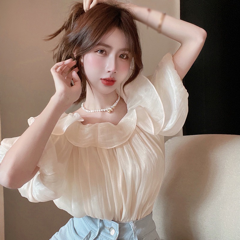 Áo Sơ Mi Chiffon Tay Phồng Trễ Vai Màu Trơn Phong Cách Hàn Quốc Cho Nữ