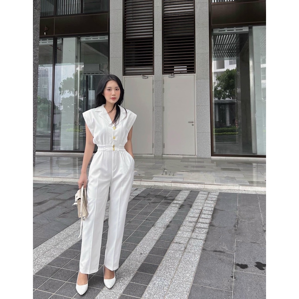 Jumpsuit nữ sát nách quần dài thắt eo sang chảnh 3M đen, trắng, nude NPSET032