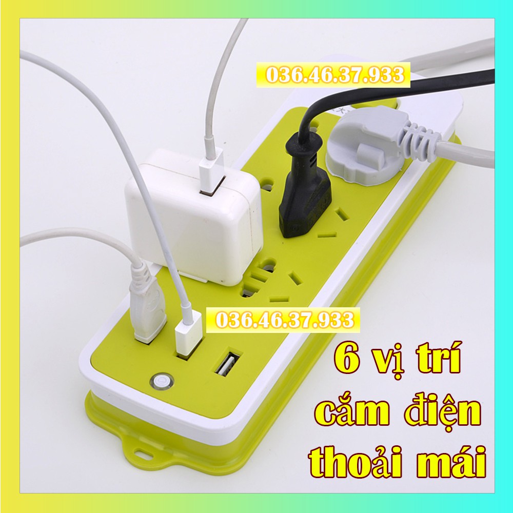 Ổ cắm điện đa năng có cổng USB sạc nhanh thông minh dây dài 1,5m thiết kế 6 lỗ chắc chắn màu xanh lá an toàn cách điện