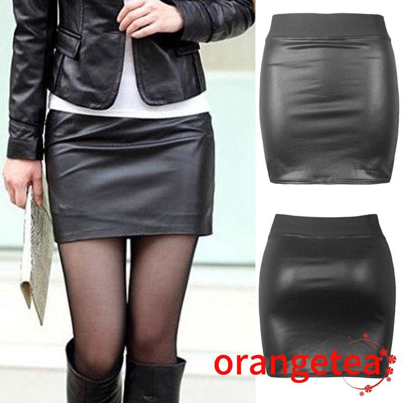 Women Sexy Black PU Leather Pencil Bodycon High Waist Causal Pencil Mini Skirt