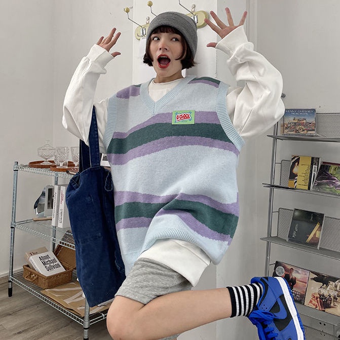 Thời Trang Áo Len Dệt Kim Không Tay Dáng Rộng Phối Màu Tương Phản Phong Cách Hàn Quốc