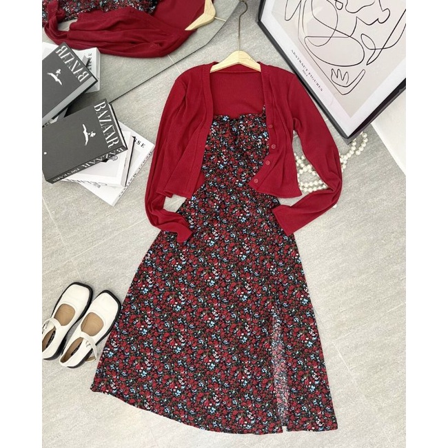 Set đầm hoa đỏ kèm khoác vintage