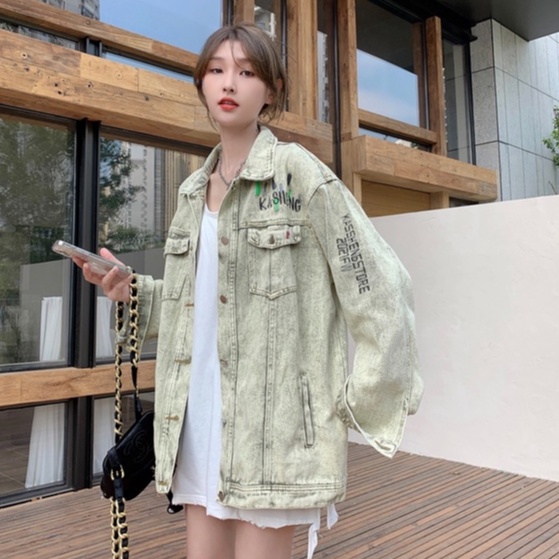 Áo khoác denim ZHELIHANGFEI dáng rộng họa tiết thêu phong cách cổ điển thời trang