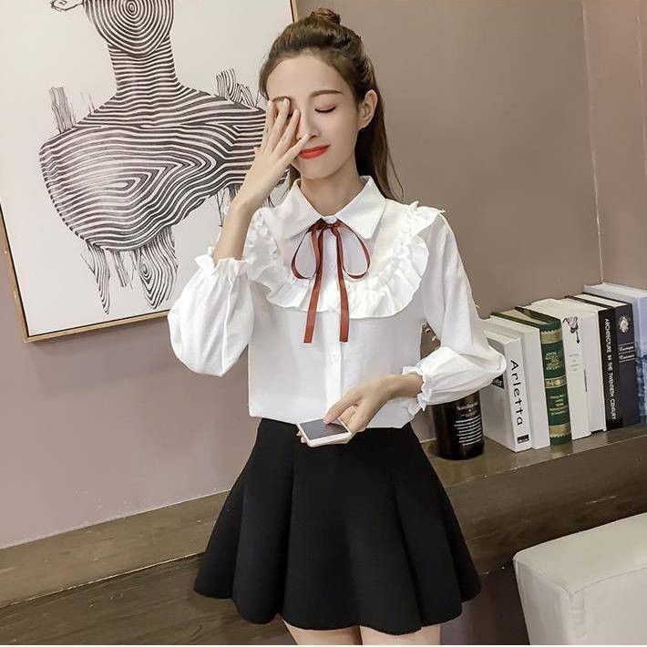 2020 Phiên bản mùa thu mới của Hàn Quốc của thời trang Lapel Bow Tie Up Topped Loa sọc mỏng Áo sơ mi dài tay nữ