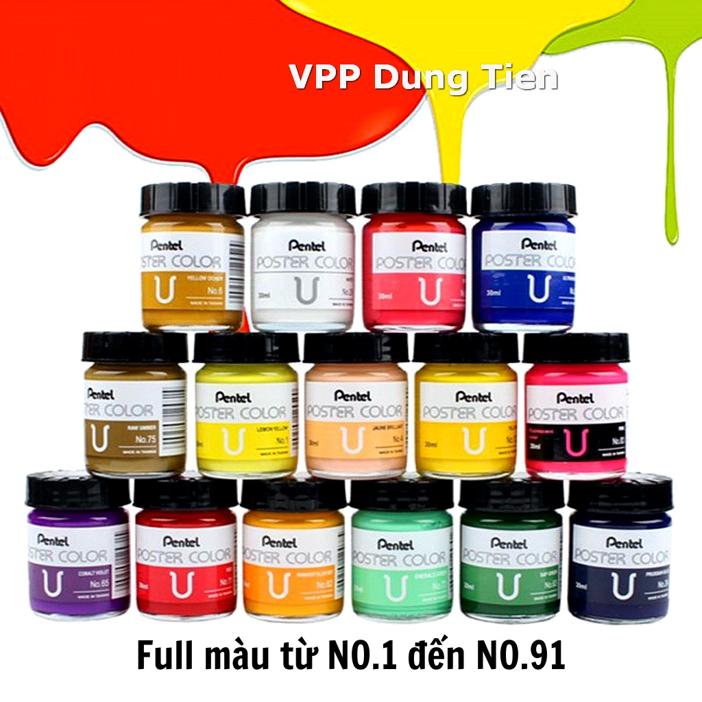 Màu Poster Pentel hũ lẻ 30ml/ Pentel poster color lọ thủy tinh 30ml- Full màu từ NO.1 đến NO.91