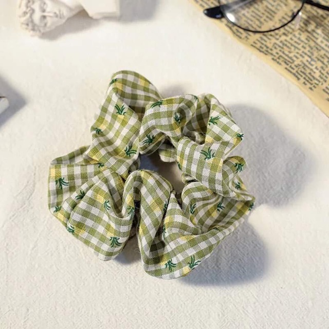 Chun cột tóc Scrunchies kẻ caro hoa quả