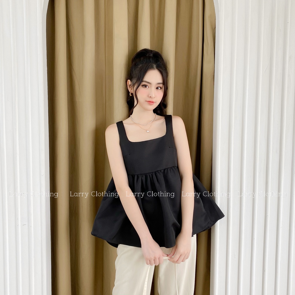 Áo thiết kế nữ 2 dây tapta cổ vuông dáng babydoll 2 màu đen trắng dễ phối thời trang thiết kế Larry Clothing A566
