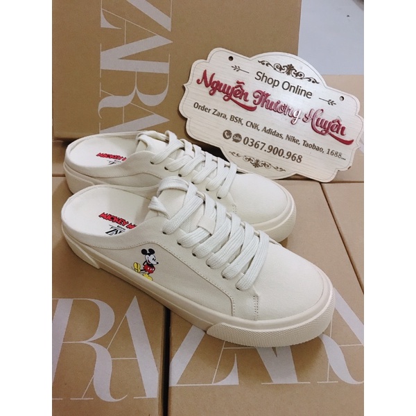 Giày sục thể thao sneaker vải canvas Mickey xuất Zara màu kem be full box tag bill | Giày bata đế bánh mì 3cm