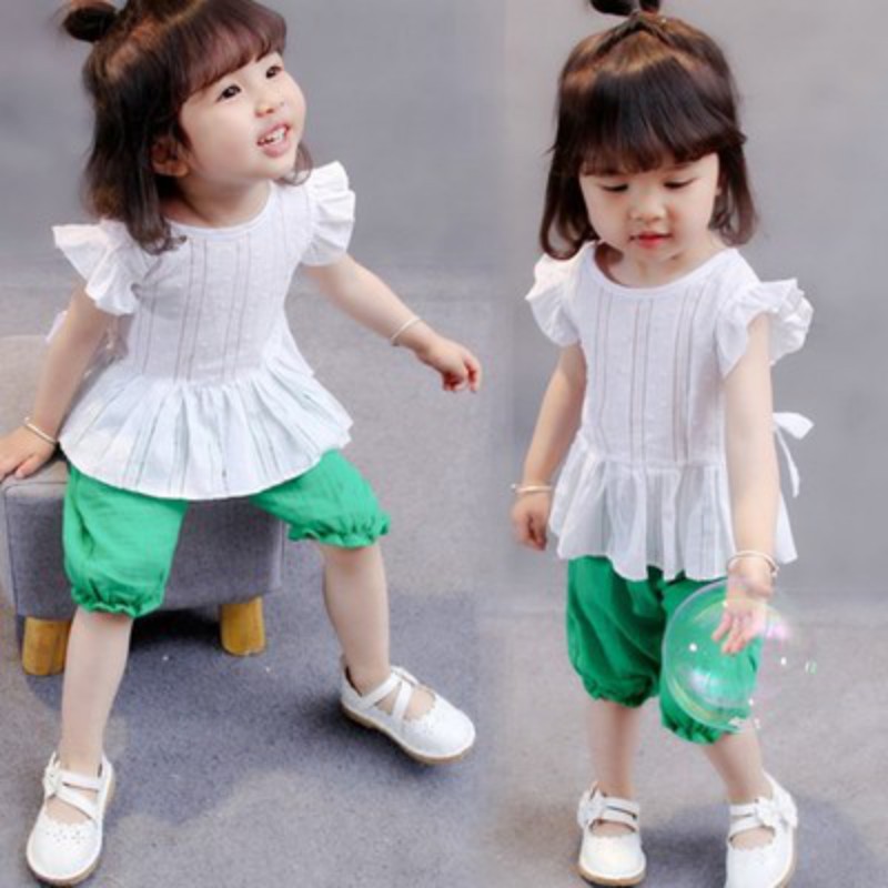 Set áo thun tay ngắn cổ tròn + quần đùi xinh xắn dành cho bé gái