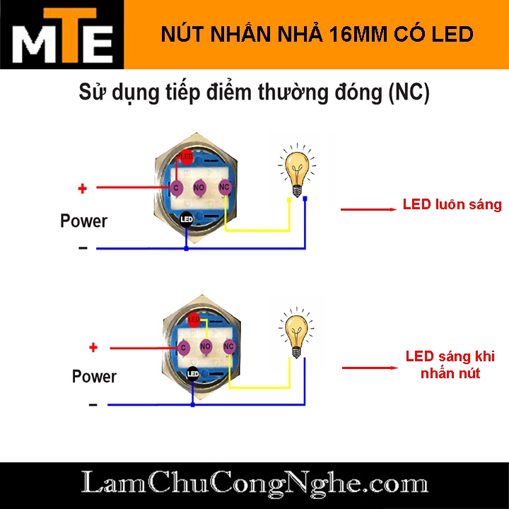 Nút nhấn nhả vỏ kim loại chống nước có led 16mm