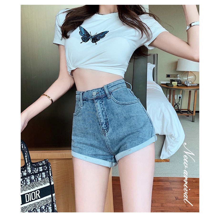 Quần đùi nữ BigSize lưng cao trên rốn, co dãn mạnh, xăn lai, màu xanh nhạt trơn đơn giản dành cho người mập 3865