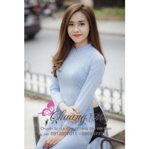 Áo Dài Xanh Biển Đính Ngọc Cổ Tay Cao Cấp Vải Lụa Đẹp Co Giãn Tốt May Sẵn