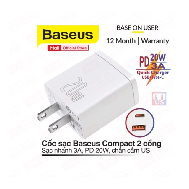 Củ sạc nhanh Baseus Compact Quick Charger PD 20W 2 cổng  nhỏ gọn