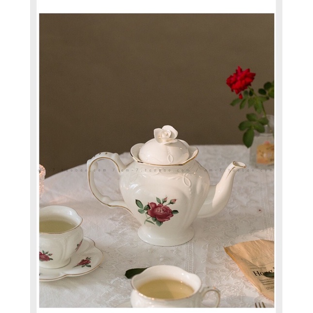 Set ấm tách trà gốm hoạ tiết hoa hồng vintage