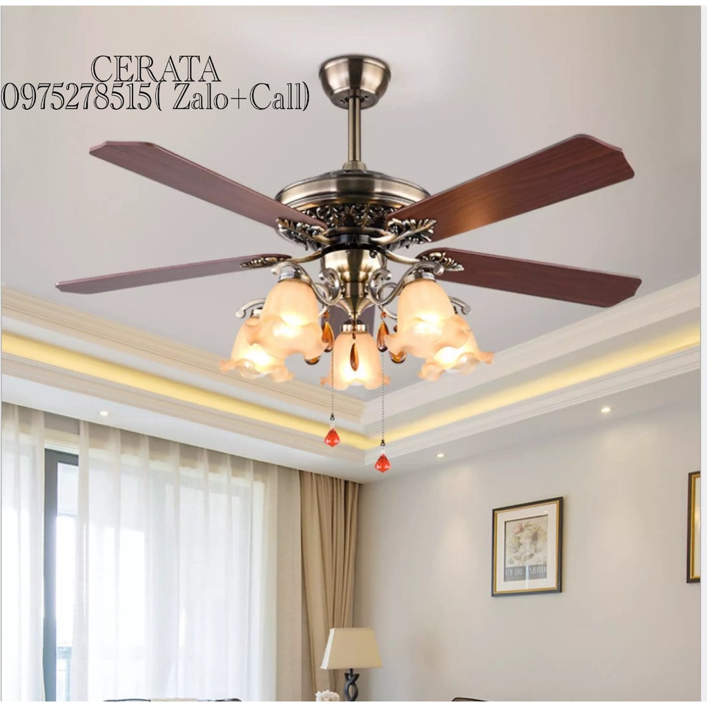 Quạt Trần 5 Cánh Gỗ, Có Đèn, Động Cơ Lõi Đồng, Có Điều Từ Xa 6 Tốc Độ Gió Phù Hợp Mọi Không Gian Việt