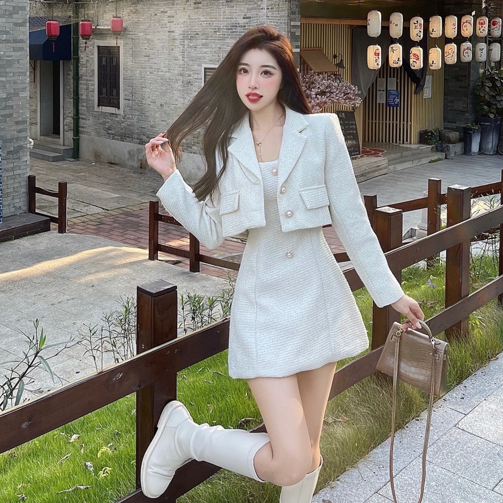 Set váy tweed mix áo vest croptop ( kèm video thật)