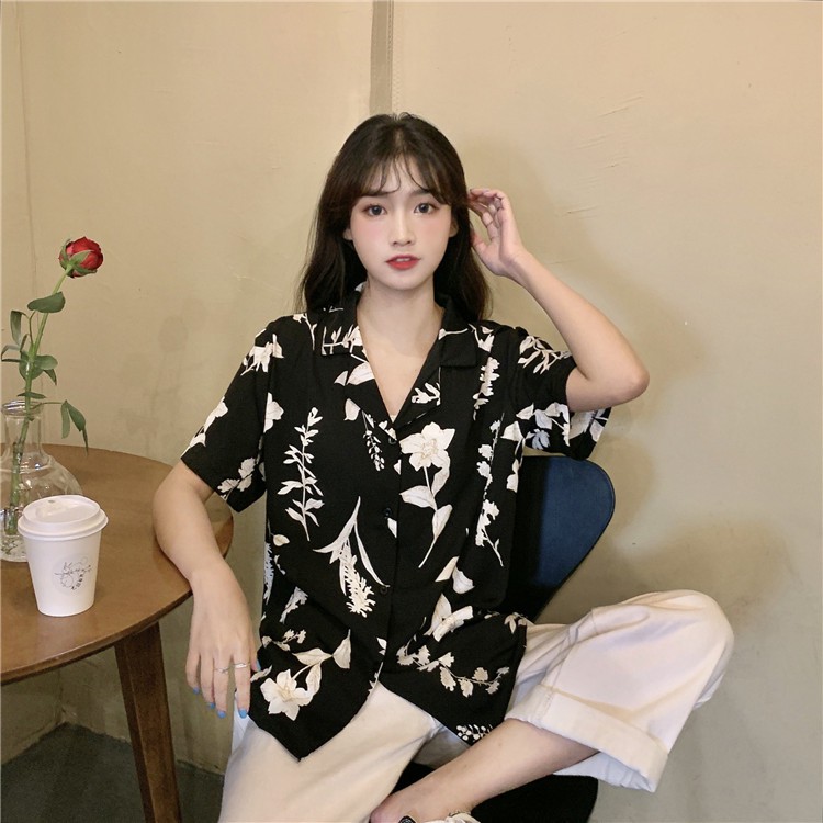 Sơ mi Hoa Đen Kem