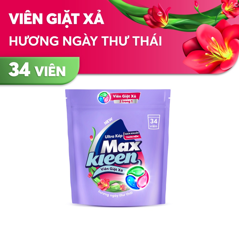 Combo Túi Viên Giặt Xả MaxKleen (34 viên/túi) + Chai Lau sàn MaxKleen Ngàn hoa ngọt ngào 3.6kg/chai