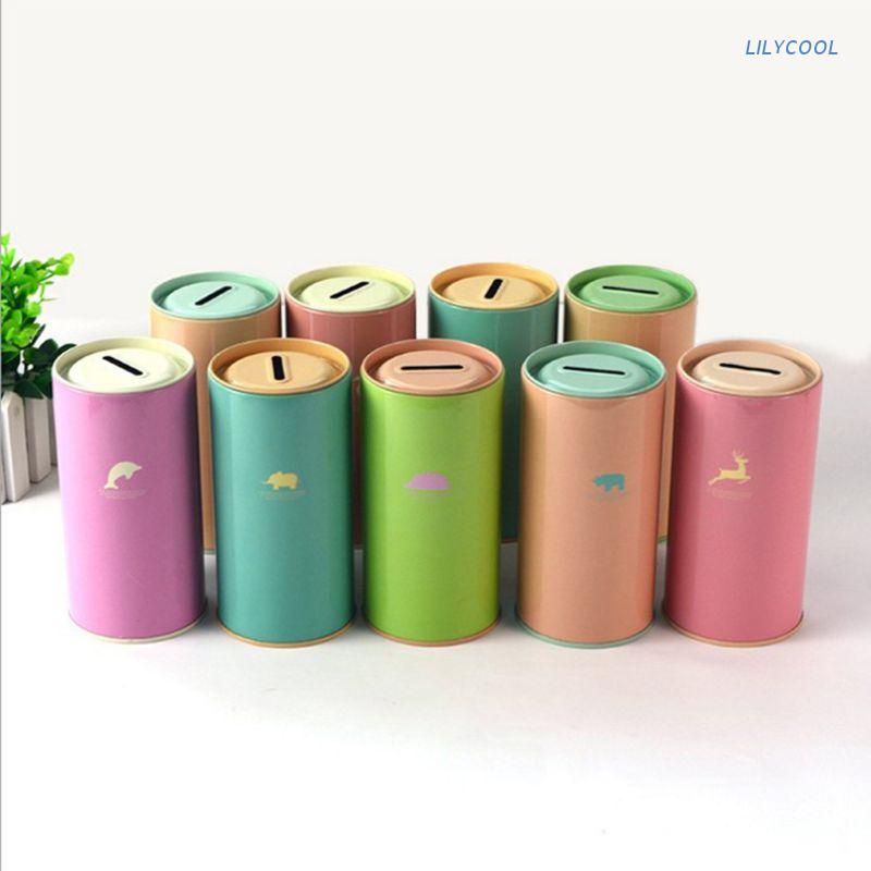 Hộp đựng tiền tiết kiệm hình trụ bằng thiếc màu kẹo họa tiết động vật hoạt hình xinh xắn dễ thương
