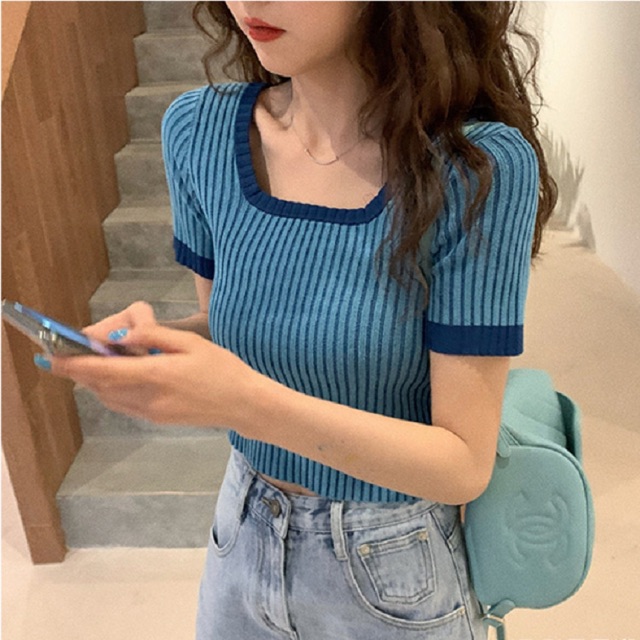 MS106 Áo len tăm croptop phối màu viền