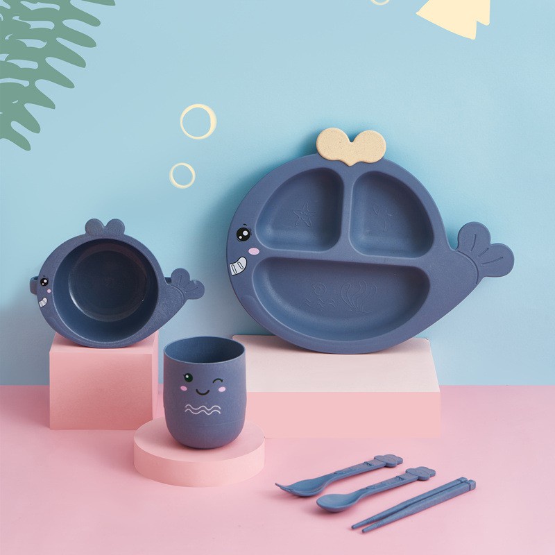 SET Bộ 6 món khay - bát ăn - cốc tập ăn cho bé hình Cá Heo