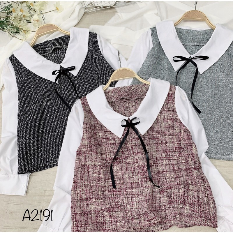 Áo dạ bố cổ sen phối sơmi