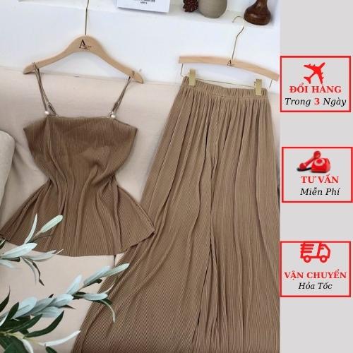 Set áo dập ly 2 dây nữ kèm quần suông ống rộng ulzzang Hàn Quốc đi biển