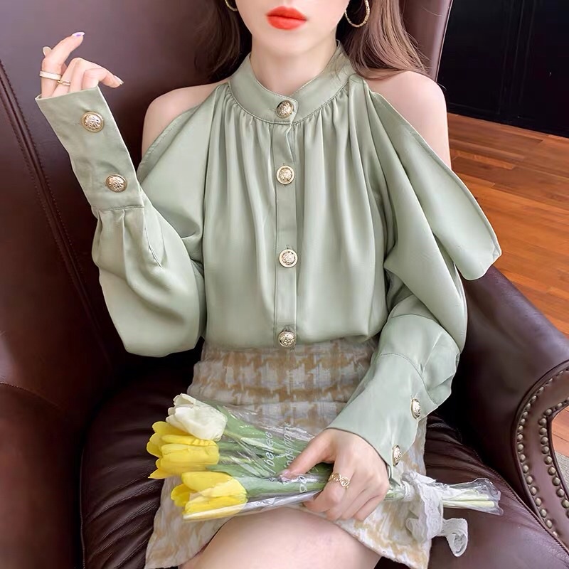Áo sơ mi khoét vai cổ tàu tay dài tiểu thư Quảng Châu