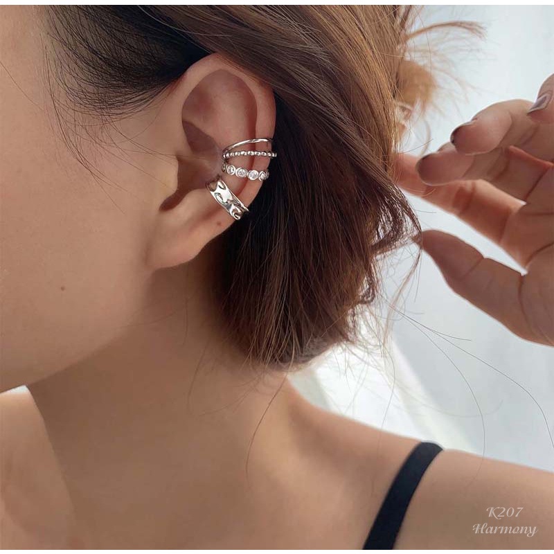 Khuyên tai, bông tai nữ bạc kẹp vành Retro 3 không cần xỏ lỗ cá tính, xinh xắn K207 (1 chiếc) | TRANG SỨC BẠC HARMONY