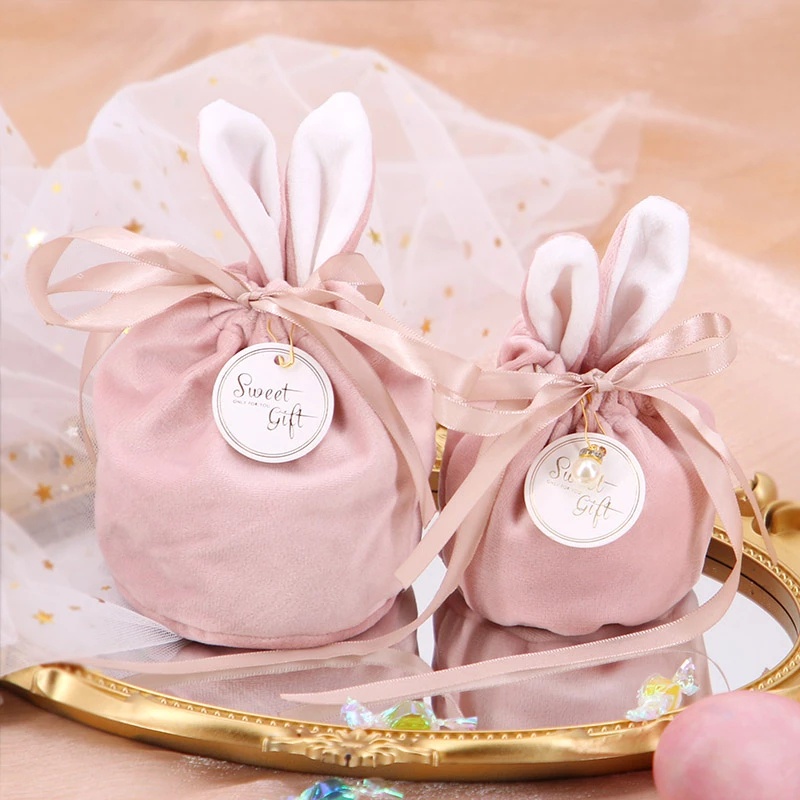 Túi nhung đựng bánh quy hình tai thỏ dễ thương mừng lễ Phục Sinh kèm phụ kiện