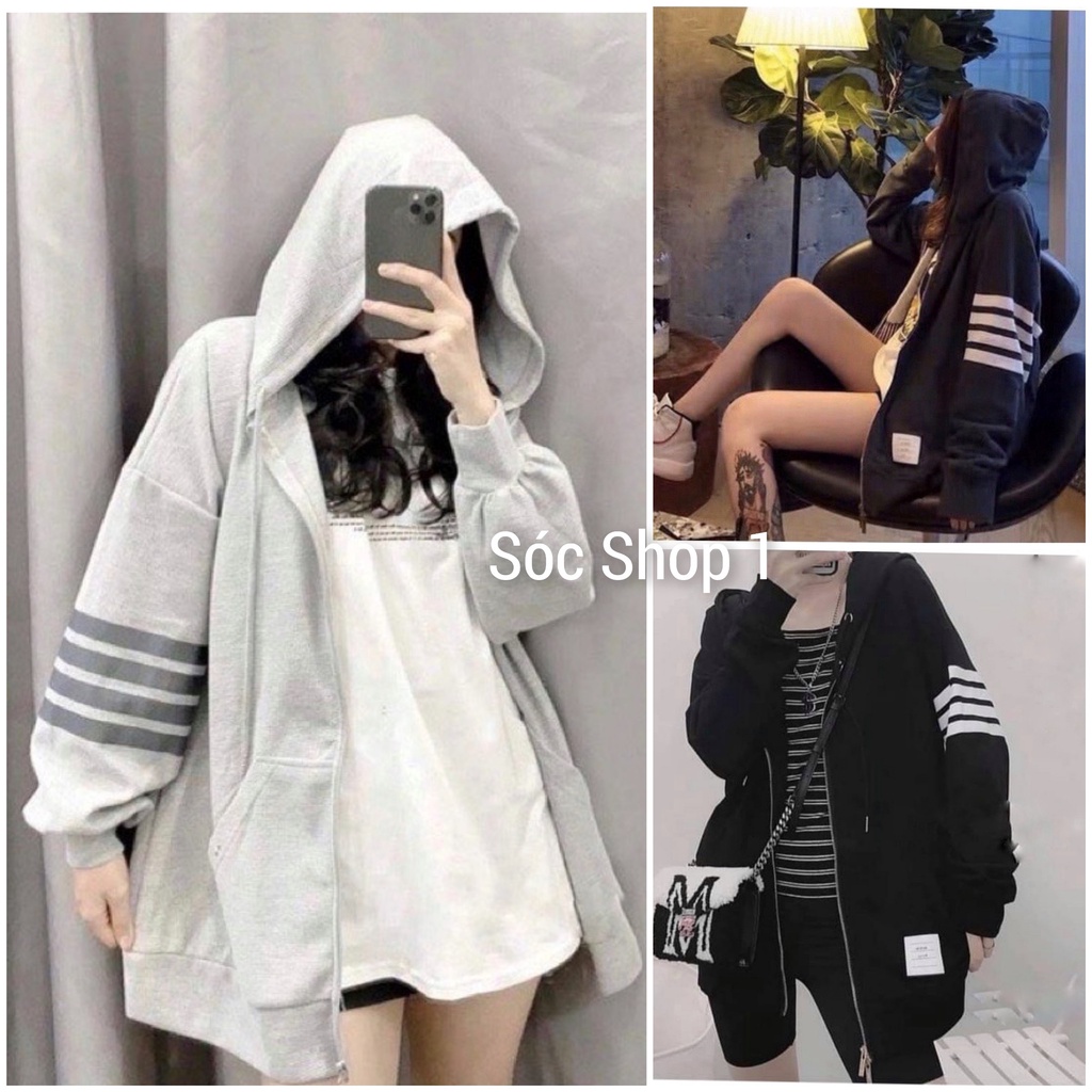 Áo Khoác Nỉ 4 Vạch Ống Tay Thom Tag Logo, Áo Hoodie Khóa Kéo Form Rộng Unisex