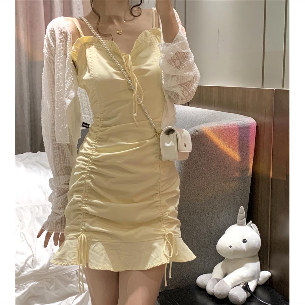 Set Áo Khoác Cardigan Tay Dài Phối Ren + Đầm Dây Rút Form Ôm Phong Cách Hàn Quốc Cho Nữ