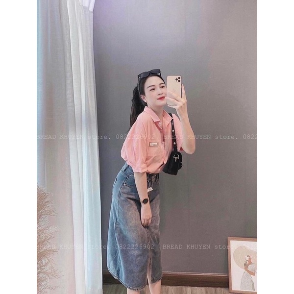 Chân váy jeans dài xẻ trước, xẻ sau