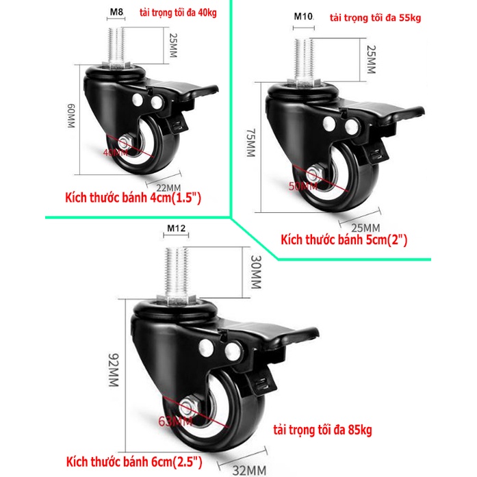 Bánh xe đen đầu vít chịu lực đủ kích thước - giá bán 1 bánh